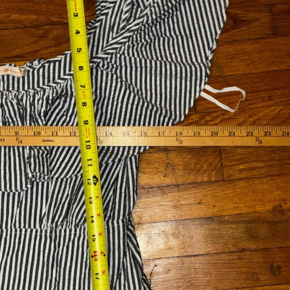 Tory Burch Seersucker Stripe Eyelet Midi Dress Navy White Off Shoulder Size 12